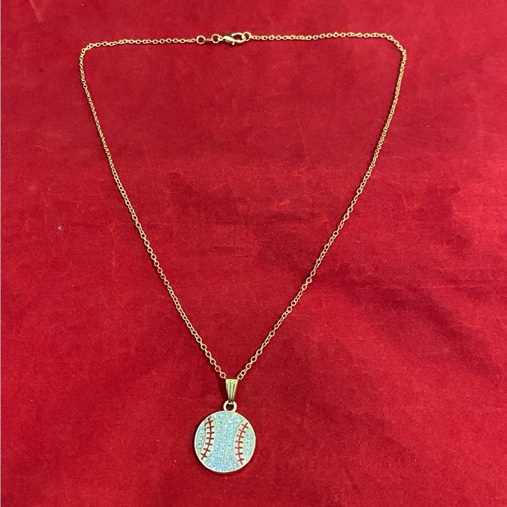 Baseball Necklace Gold Rhinestone - Picture 2 of 7